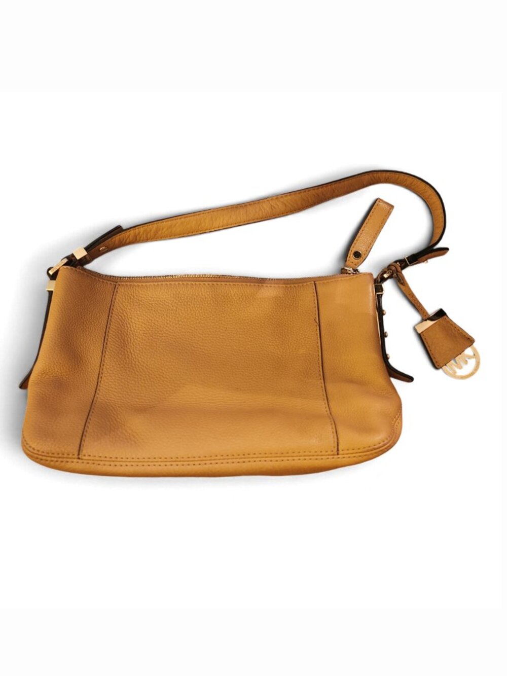 Michael Kors Tan Camel Pebbled Leather Shoulder Bag Hobo Purse Gold MK Charm